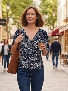 Chaps Navy and White Faux-Wrap Blouse